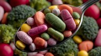 Colorful dietary supplements and vitamin pills on spoon with fresh vegetables and fruits in background, representing healthy nutrition and wellness.