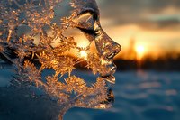 Delicate frost crystals forming human profile silhouette against golden sunset, winter lake scene with intricate ice patterns capturing light.