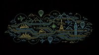 Linear travel and adventure landscape with mountains, hot air balloons, planes, and landmarks in golden outline style on black background for modern design.