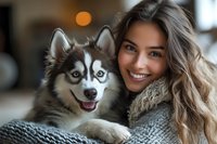 Young woman with long wavy brown hair embracing happy Siberian Husky puppy with blue eyes. Close up portrait showing joyful smiles and warm connection between pet and owner.