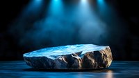 Glowing blue crystal mineral specimen on dark surface with dramatic stage lighting for geology education and natural science presentations.