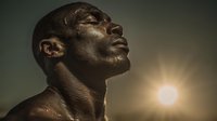 Dramatic portrait of African American man with glistening skin in profile against dark background, illuminated by warm sunlight creating powerful contrast and emotion.