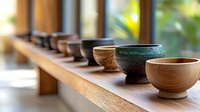 Handcrafted ceramic bowls arranged on wooden shelf displaying artisan pottery collection with natural textures and earthy tones for home decor and kitchen use.