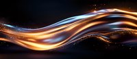 Luminous flowing waves of gold and blue light create dynamic motion effect against dark background with glowing particles and energy streams.