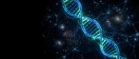 Glowing blue DNA double helix structure floating in dark space with sparkling particles and network connections for genetic research and biotechnology.