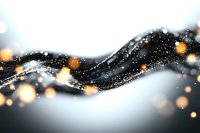 Abstract flowing waves with golden bokeh lights and glitter on dark background, creating magical atmospheric effect for luxury designs and celebrations.
