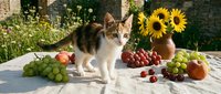 Young tabby and white kitten surrounded by fresh summer fruits and sunflowers on outdoor stone surface, ideal for pet care, nutrition, and seasonal lifestyle content.
