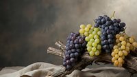 Fresh grapes in purple, red and green varieties arranged on rustic wooden branch with neutral linen fabric, suitable for food styling, culinary content and harvest themes.