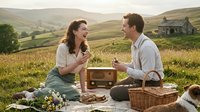 Two people enjoying a countryside picnic in rolling hills with vintage radio and wicker baskets, rural landscape setting for leisure and outdoor activities.
