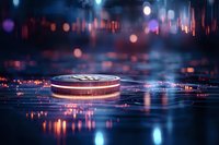 Glowing cryptocurrency coin on digital circuit background with neon lights and bokeh effects, futuristic financial technology concept for business presentations.