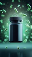 Black supplement bottle with green capsules floating around on dark background for health and wellness marketing materials.