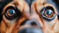 Close-up macro shot of dog eyes showing detailed view of brown and blue heterochromia iris, wet nose, and facial markings on brown fur background.