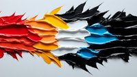 Abstract layered paper art composition featuring dynamic waves in red, orange, yellow, white, blue and black colors creating flowing motion effect on light background.