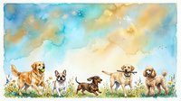 Watercolor illustration of five dogs of various breeds standing together in a grassy field with blue sky and clouds above, suitable for pet-related designs and publications.