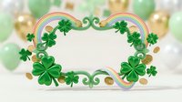 Decorative St. Patrick's Day frame with green shamrocks, gold coins and rainbow swirls on blurred festive background for holiday greeting cards and designs.