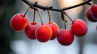 Fresh ripe red cherries hanging on tree branch with natural blurred background. Close up view shows juicy fruit texture and stems in soft lighting.