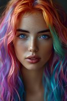 Young woman with vibrant rainbow colored hair, bright blue eyes, and natural freckles in dramatic portrait lighting against dark background. For beauty and fashion advertising.