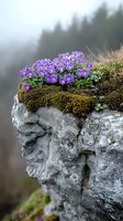 Purple wildflowers and green moss growing on rocky cliff edge in misty mountain environment, creating dramatic natural contrast between delicate flora and rugged stone.