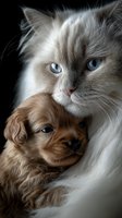 Adorable fluffy kitten with blue eyes gently holding small brown puppy in protective embrace showing friendship between cat and dog companions.
