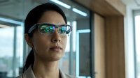 Asian businesswoman wearing smart glasses with digital interface display in modern office environment for augmented reality technology applications.