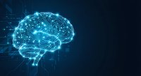 Digital brain with glowing circuit patterns and neural networks on dark blue background for artificial intelligence and technology concepts.