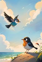 Cheerful cartoon birds on seaside cliff with fluffy clouds and ocean waves, one flying in blue sky while another perches on grassy edge. Soft pastel colors create serene mood.