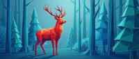 Majestic red deer stag with antlers standing in mystical blue forest landscape. Digital art illustration for nature and wildlife themed designs.
