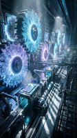 Futuristic industrial facility with glowing neon circuit board gears in cyan and purple, steam rising from machinery, high-tech manufacturing environment for technology and innovation concepts.