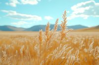 Golden wheat stalks sway against blue sky and mountain backdrop, soft focus creates dreamy atmosphere in vast agricultural field during harvest season.