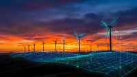 Wind turbines and solar panels with digital grid overlay at sunset representing renewable energy technology and sustainable power generation infrastructure.