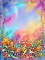 Vibrant watercolor background with ornamental floral border frame in gold and jewel tones, featuring decorative swirls and botanical elements for invitations, cards, and creative design projects.