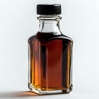Square glass bottle with amber liquid and black cap on white background, casting soft shadow. Elegant minimalist composition for beverage or spirits packaging.