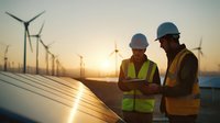 Engineers in safety gear examining solar panels at renewable energy farm with wind turbines in background during golden sunset.