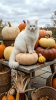 White fluffy cat sitting among colorful pumpkins and gourds in autumn harvest display with wicker baskets for seasonal thanksgiving decoration.