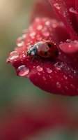 Ladybug on red flower petal with morning dew drops in macro photography showcasing natural garden beauty and insect wildlife in spring season.