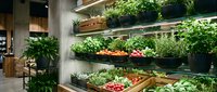 Modern grocery store produce section with fresh organic vegetables and herbs displayed on wooden shelves and metal fixtures in contemporary retail space.