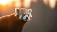 Adorable red panda portrait with warm golden sunset lighting creating magical bokeh background. Wildlife photography showcasing endangered species in natural habitat.