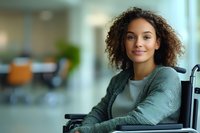 Young mixed race woman with curly hair smiling while sitting in wheelchair at modern office space, wearing casual grey sweater. Positive representation of disability.