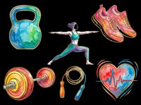 Colorful fitness and wellness icons set isolated on transparent background. Includes kettlebell, athletic shoes, dumbbells, jump rope, heartbeat monitor and yoga pose. Ready for t-shirt design, clipart, stickers and print-on-demand products.