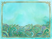 Ornate golden decorative border with turquoise and green floral scrollwork on soft aqua watercolor background, isolated on transparent space for design layouts.