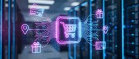 Digital commerce network with glowing shopping cart icon and e-commerce symbols in modern data center server room for online business technology concepts.