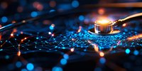 Glowing network connections with stethoscope on digital surface, blue and orange bokeh lights creating futuristic medical technology concept.