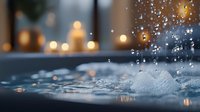 Water droplet splashing in hot tub with bokeh lights in background creating relaxing spa atmosphere for wellness and self-care routines.