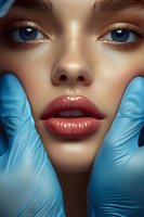 Close-up of young woman with blue eyes and full lips receiving cosmetic examination by gloved hands, suitable for beauty, dermatology, and medical aesthetics content.