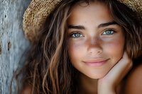 Young woman with bright blue eyes, freckles, and natural makeup wearing straw hat smiles gently while resting head on hand, radiating summer warmth and authenticity.