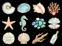Watercolor ocean clipart set with shells, starfish, seahorse, coral, sea glass, pearl, driftwood, and bottle, isolated on transparent background for stickers, T-shirts, print on demand.