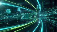 Futuristic neon tunnel with glowing 2027 text and cyan-green light streaks, representing future technology, digital transformation, and innovation for forward-thinking concepts.