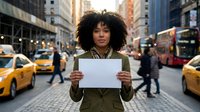Young African American businesswoman holding blank white paper sign on busy city street with yellow taxis and urban traffic in background.