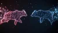 Geometric low poly bear silhouettes in contrasting pink and blue neon colors with glowing particles and connecting lines on dark background, modern digital art style.
