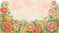 Watercolor floral frame with pink and yellow ranunculus flowers on soft pastel background for wedding invitations and romantic designs.